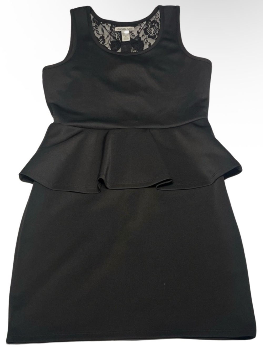 Charlotte Russe Medium Bodycon Mini Dress Black Peplum Lace Bows Stretchy 2010s